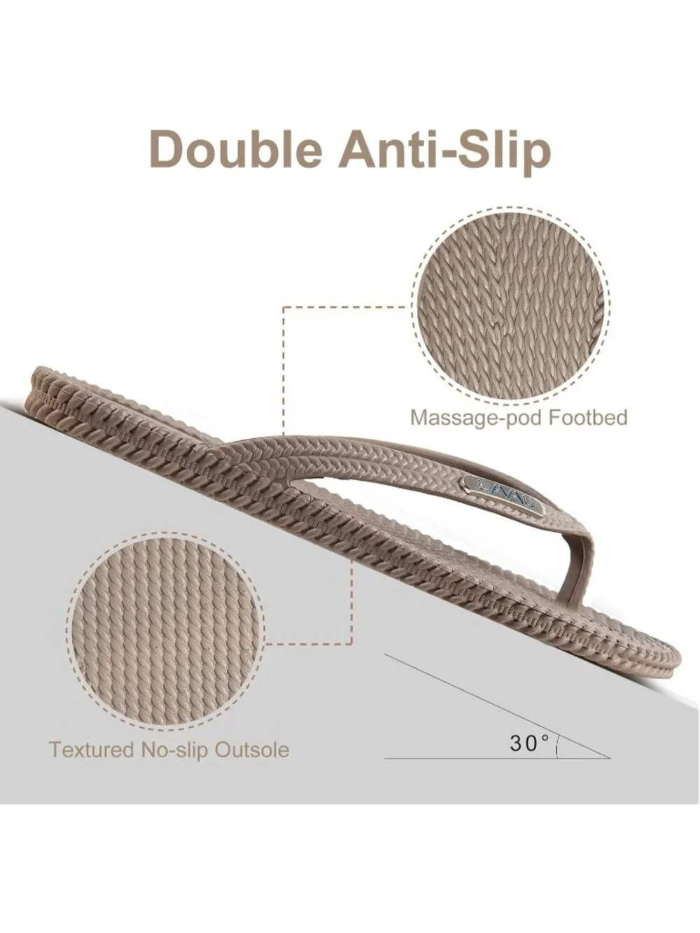 Women's Taupe Waterproof Non Slip Flat Thong Sandals For Shower Beach and Pool